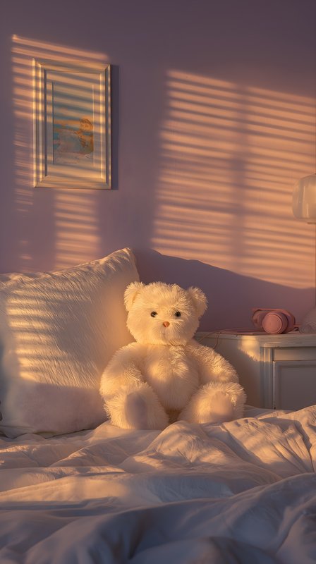 Soft teddy bear sits on a bed in warm afternoon light Free Premium Stock Photo - stock photo