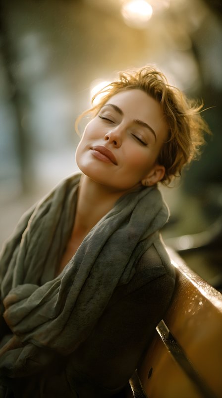 Woman on bench enjoying moment in sunset light outdoors Free Premium Stock Image - stock photo