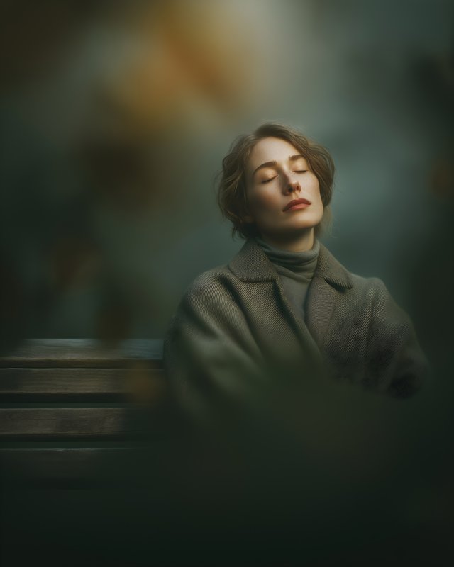 Woman sitting on a bench in deep thought during a grey day Free Premium Stock Photo - stock photo