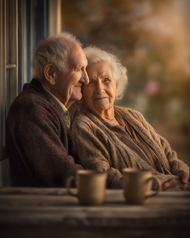Seniors enjoy time together on a porch in warm light Free Premium Stock Image - stock photo