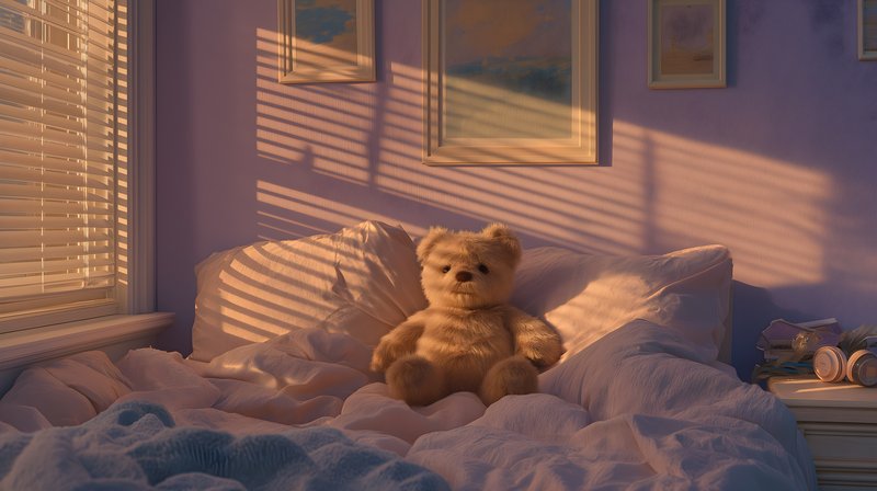 Teddy bear on bed with sunlight shining through blinds Free Premium Stock Photo - stock photo
