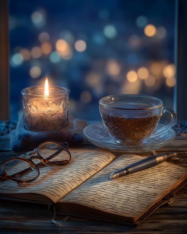 Warm drink and candle beside open book at night Free Premium Stock Image - stock photo