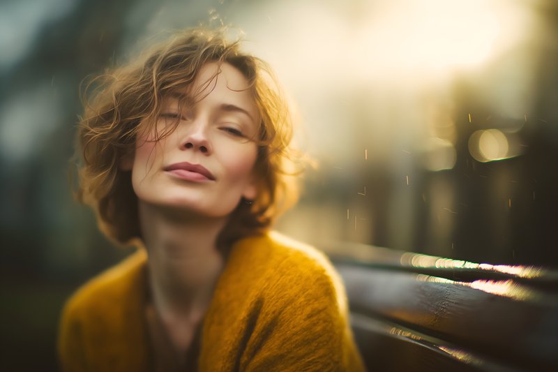Woman enjoys time outdoors with sunlight and soft rain Free Premium Stock Photo - stock photo