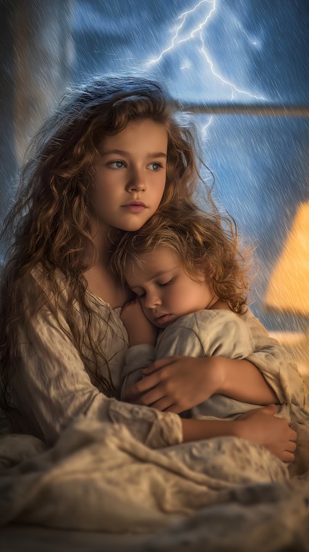 Sisters sit together during a stormy night in a cozy room Free Premium Stock Photo - stock photo
