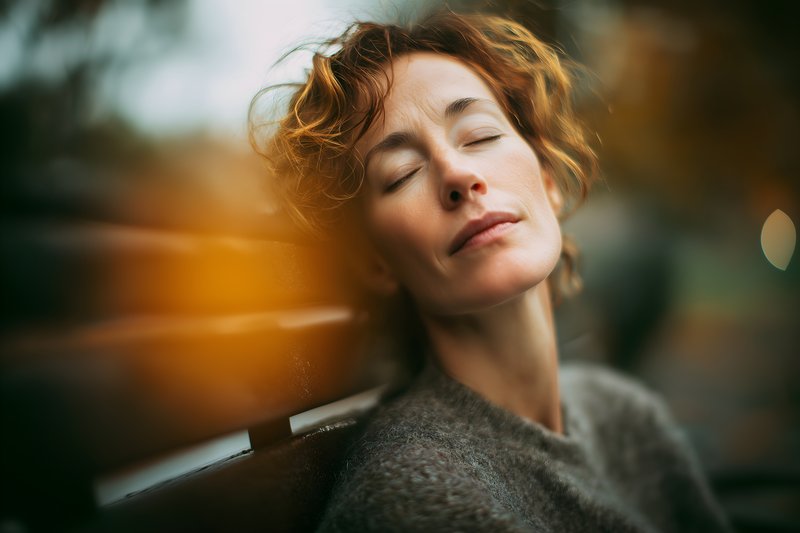 Woman relaxes with eyes closed on a park bench in autumn Free Premium Stock Photo - stock photo