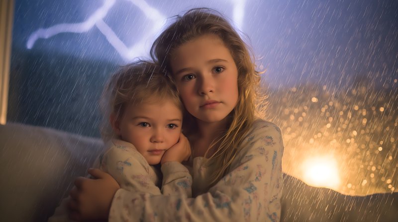 Two girls seek comfort during a thunderstorm at home Free Premium Stock Image - stock photo