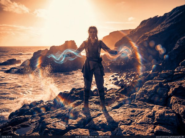 Woman in a coastal area casting magic with sunset in background - stock photo