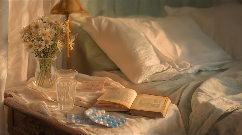 Morning scene with book, flowers, and glass of water on bed Free Premium Stock Photo - stock photo