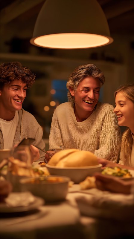 Family gathers around table for dinner in cozy home setting Free Premium Stock Image - stock photo