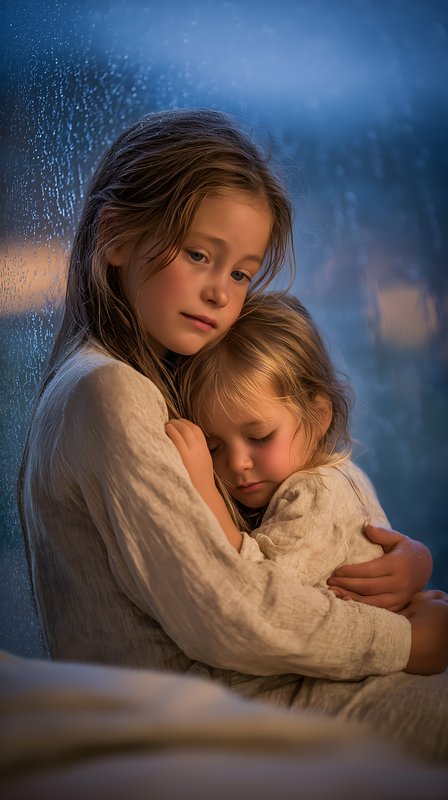 Sisters sharing a warm moment during rainy evening indoors Free Premium Stock Image - stock photo