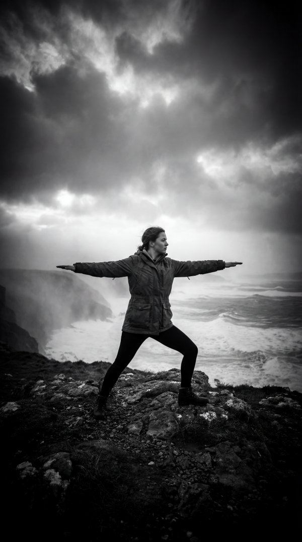 Woman practicing yoga on a cliff with ocean waves below - stock photo