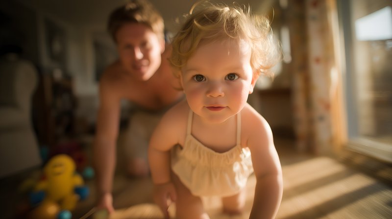 Child crawls on the floor while adult watches nearby Free Premium Stock Photo - stock photo
