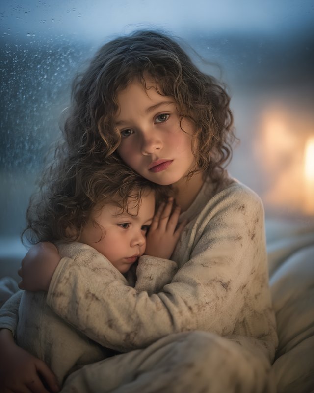 Sisters share a moment indoors during a rainy evening Free Premium Stock Photo - stock photo