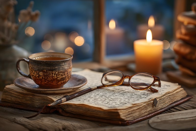 Warm drink, open book, and reading glasses by candlelight Free Premium Stock Image - stock photo