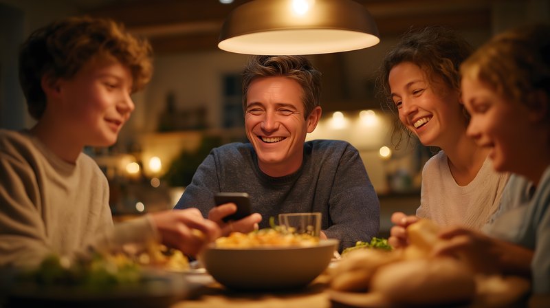 Family enjoys dinner together and shares stories at the table Free Premium Stock Image - stock photo