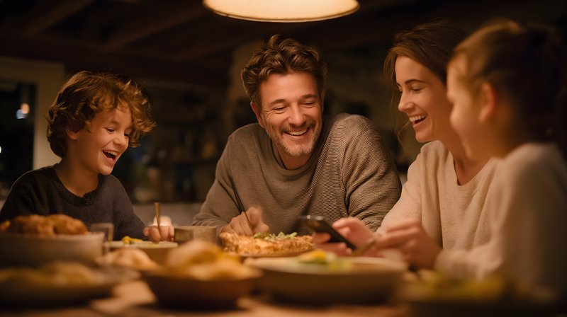 Family enjoys dinner together at home in the evening Free Premium Stock Image - stock photo