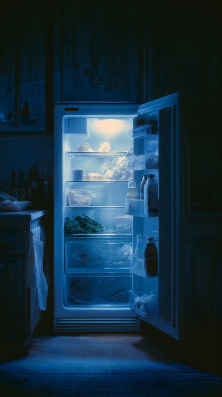 Open refrigerator at night with blue light in kitchen Free Premium Stock Photo - stock photo