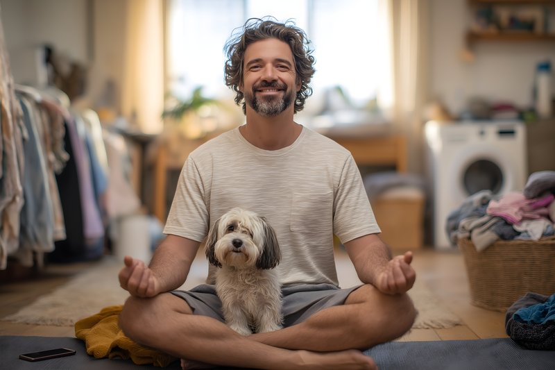 Man sits cross-legged with dog in cozy room during day Free Premium Stock Image - stock photo
