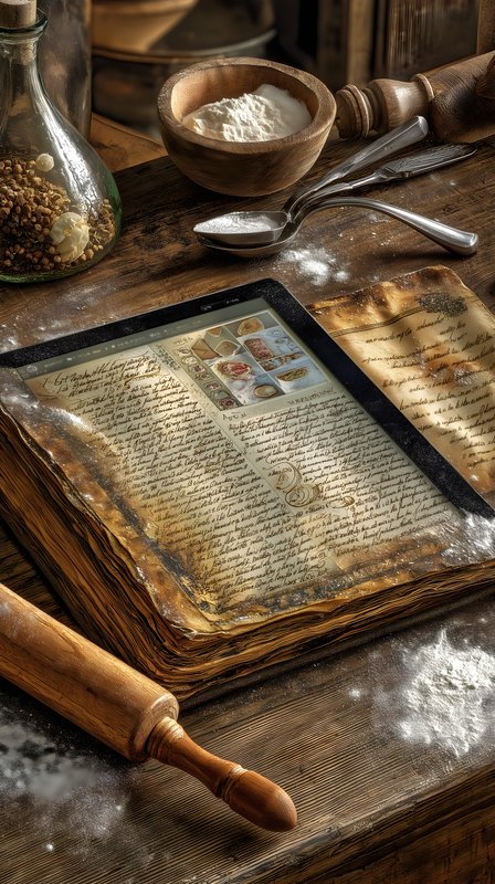 Old recipe book and baking tools on a wooden table Free Premium Stock Image - stock photo