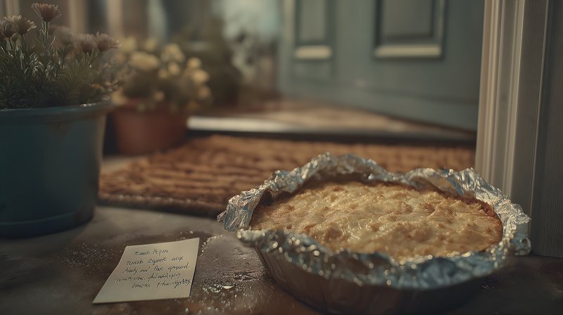 Someone leaves a pie on the doorstep for a friend Free Premium Stock Image - stock photo