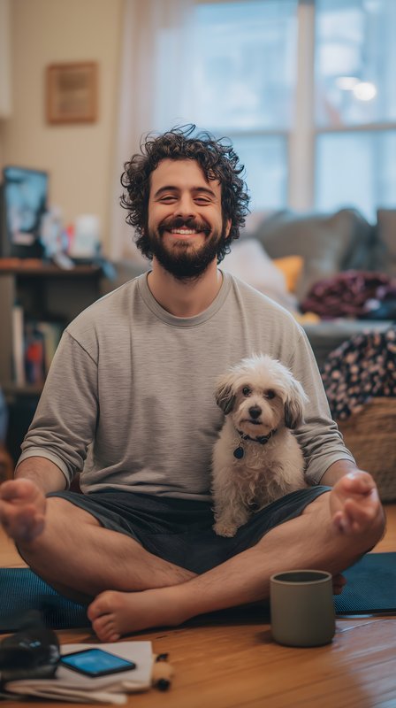 Man sits cross-legged with dog in cozy indoor setting Free Premium Stock Photo - stock photo