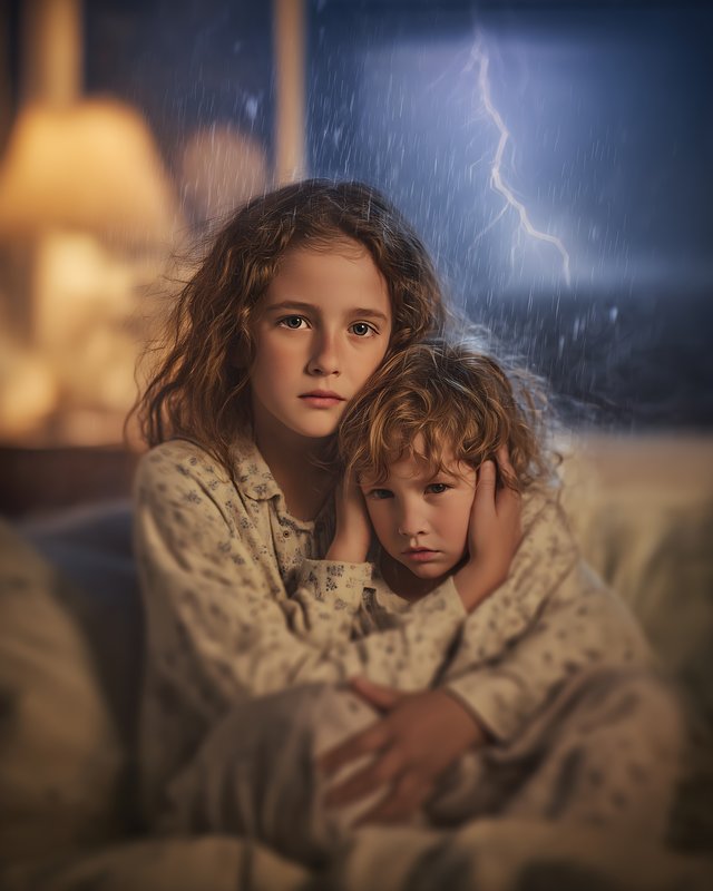 Siblings sit together during a storm at night Free Premium Stock Image - stock photo