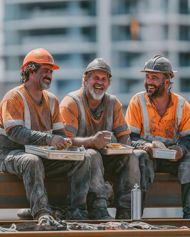 Construction workers take lunch break on building site Free Premium Stock Photo - stock photo
