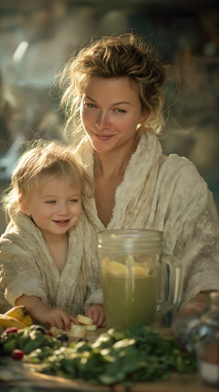 Mother and child make smoothie in kitchen Free Premium Stock Image - stock photo
