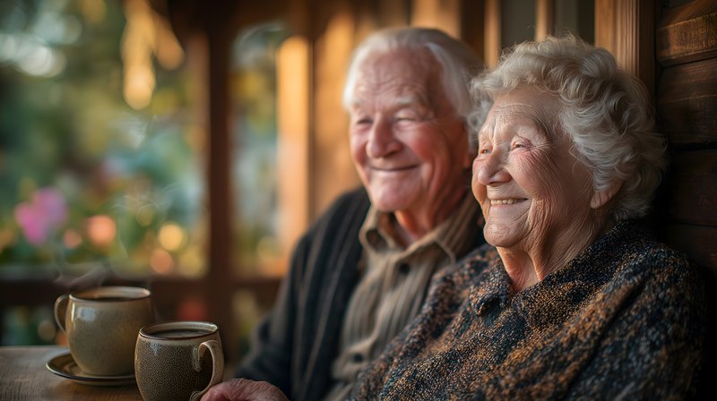 Older couple enjoying coffee at a wooden cabin in sunlight Free Premium Stock Image - stock photo