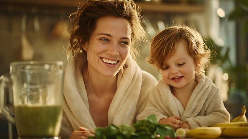 Mother and child enjoy time in kitchen making smoothies Free Premium Stock Photo - stock photo