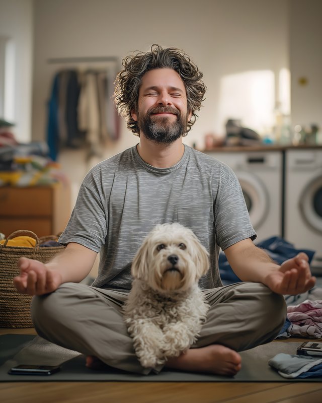 Man sits cross-legged with dog during indoor meditation session Free Premium Stock Image - stock photo