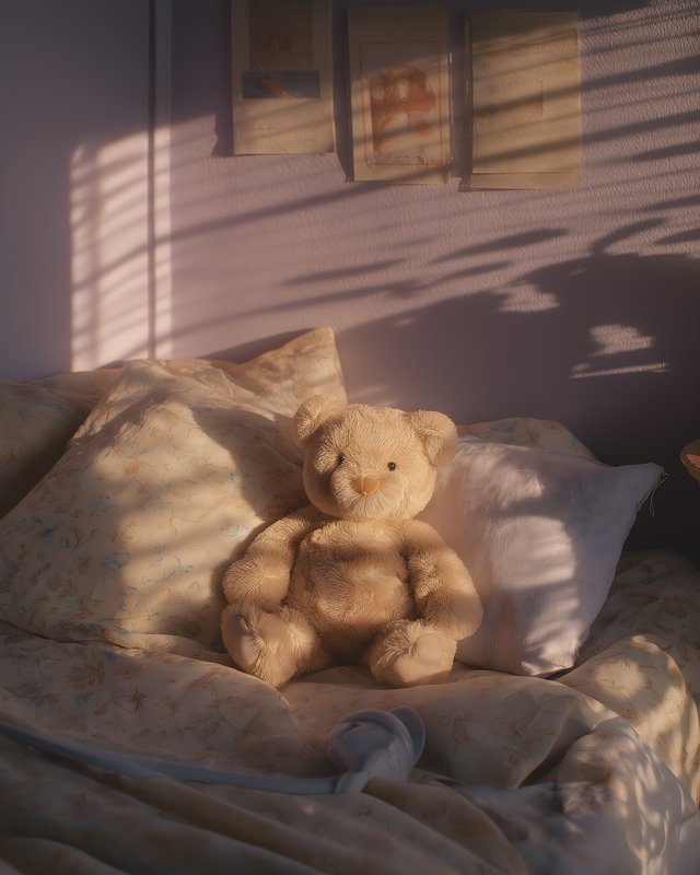 Teddy bear sits on bed in warm light during afternoon Free Premium Stock Image - stock photo