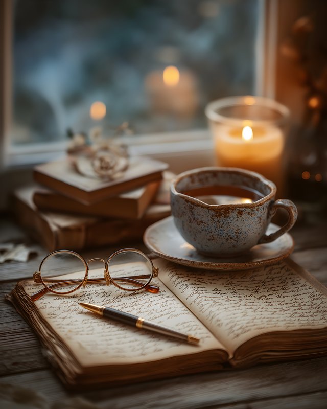 Cozy scene with coffee, old books, and candlelight at home Free Premium Stock Photo - stock photo
