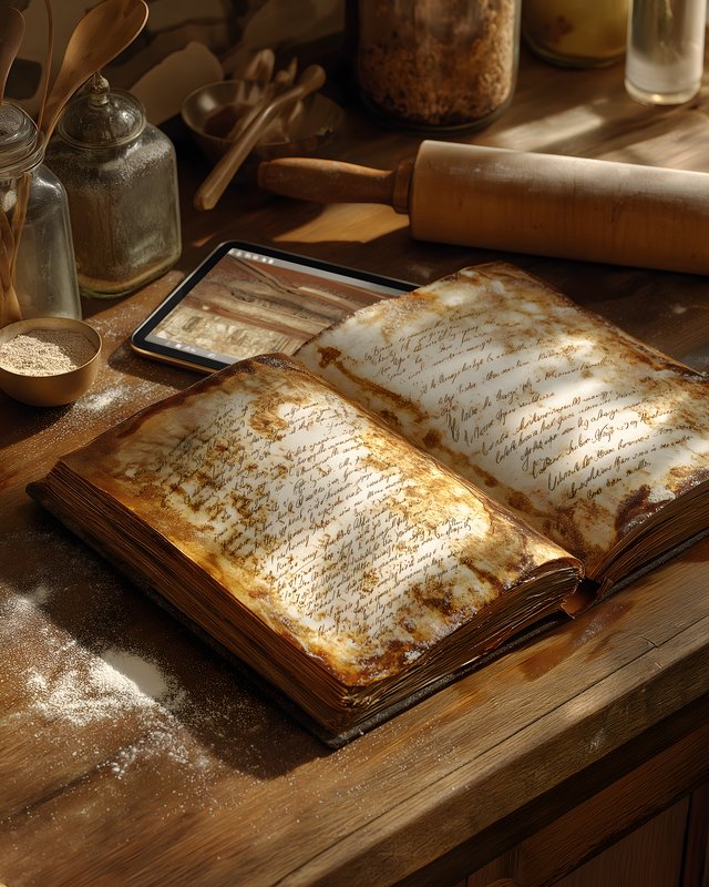 Old recipe book on a wooden table with baking tools nearby Free Premium Stock Image - stock photo