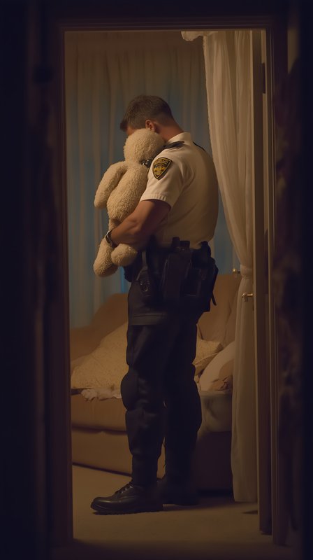 Officer holds teddy bear in quiet room at night Free Premium Stock Photo - stock photo