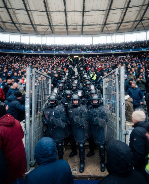 Large crowd and police officers enter stadium during event - stock photo