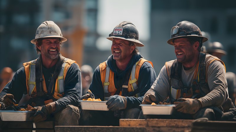 Three men share lunch on a construction site in the afternoon Free Premium Stock Photo - stock photo