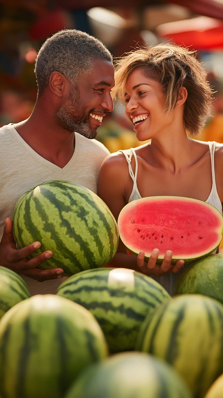 Couple smiles while holding watermelons at local market Free Premium Stock Image - stock photo