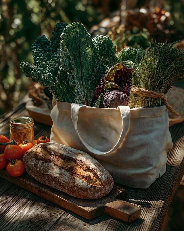 Fresh vegetables and bread on a wooden table in nature Free Premium Stock Photo - stock photo