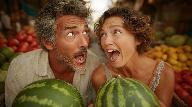 Couple enjoying watermelons at local market in summer sun Free Premium Stock Photo - stock photo