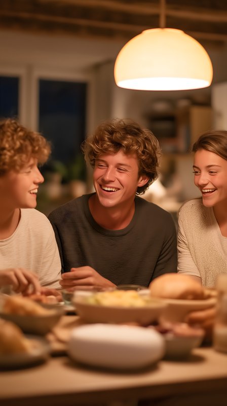 Friends share a meal at dinner in a cozy kitchen Free Premium Stock Image - stock photo