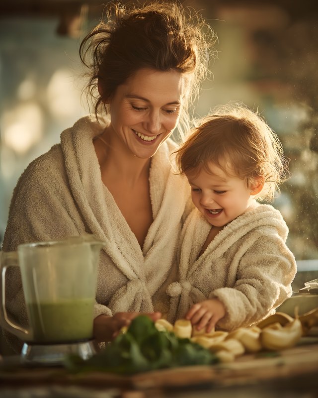 Mother and child making smoothies together in kitchen Free Premium Stock Photo - stock photo