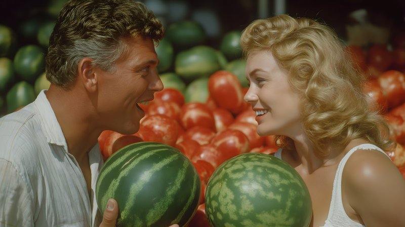 Couple enjoys summer fruits at a market in bright colors Free Premium Stock Photo - stock photo