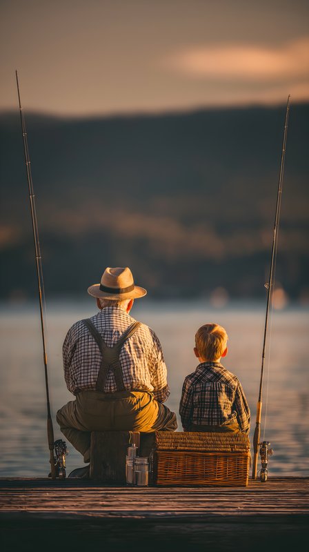 Fishing together at sunset on a lake with grandfather and child Free Premium Stock Photo - stock photo