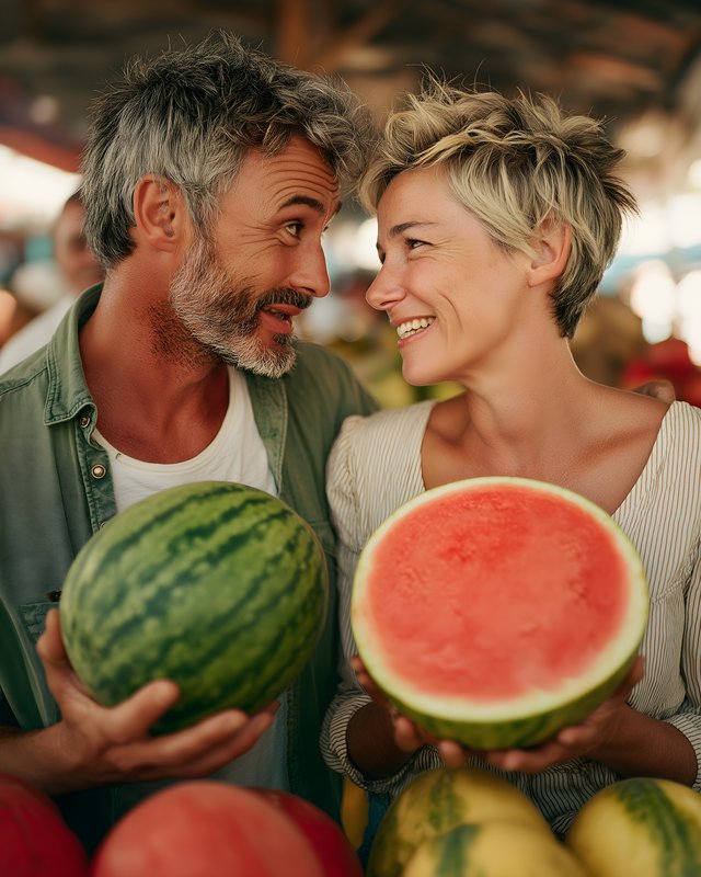 Couple enjoying watermelons at a market in summer Free Premium Stock Photo - stock photo