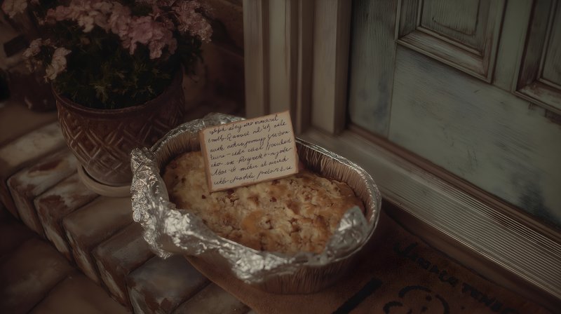 Freshly baked bread sits on a doorstep with a note Free Premium Stock Photo - stock photo