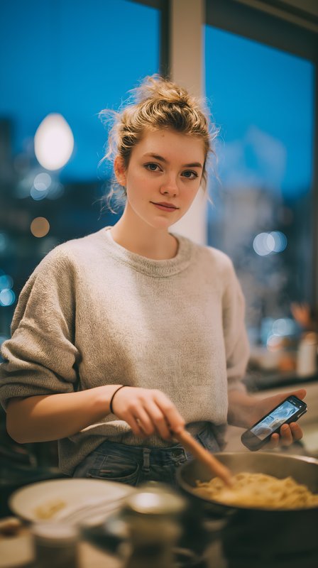 Cooking pasta in a kitchen during evening hours with phone Free Premium Stock Photo - stock photo