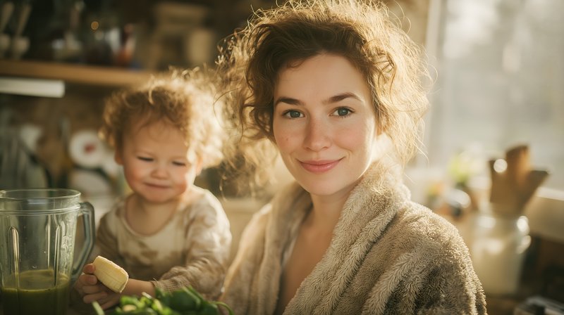 Mother and child preparing food in a kitchen in morning light Free Premium Stock Photo - stock photo