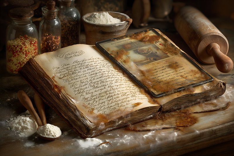 Old recipe book and modern tablet in kitchen setting Free Premium Stock Image - stock photo