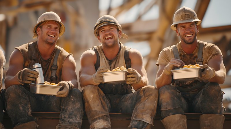 Construction workers enjoy lunch break in sunny outdoor setting Free Premium Stock Photo - stock photo